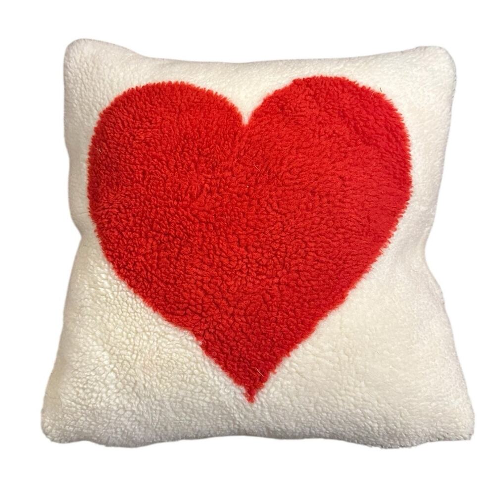 14" Teddy Fuzzy Sherpa Throw Accent Pillow White Red Heart Valentine's Day Decor